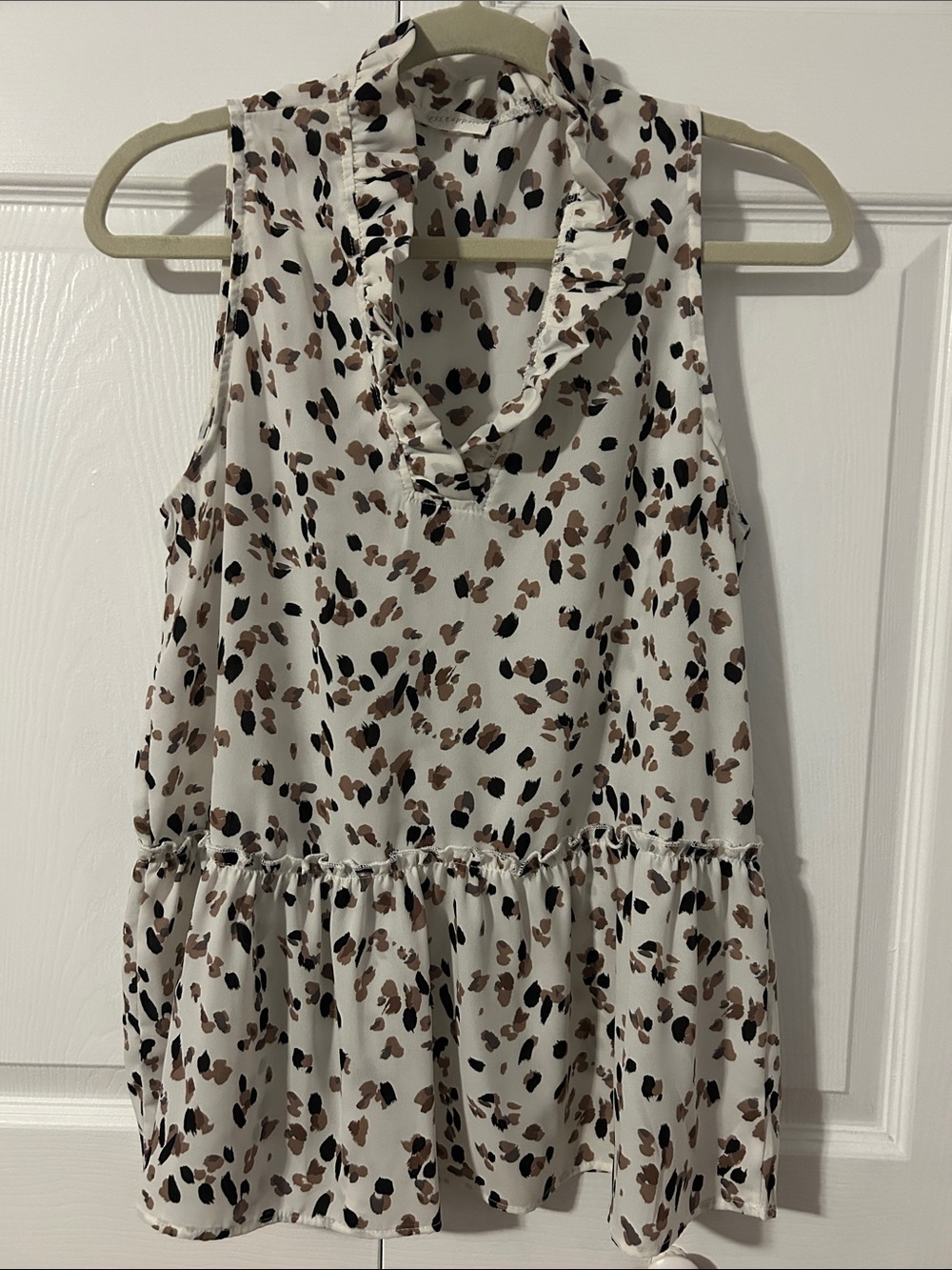 Women’s Ruffled Tiered Top  in Cream with Brown & Black Spots